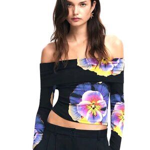 MESH STRETCH M OFF THE SHOULDER BLACK LONG SLEEVE TOP WITH COLORED ORCHIDS